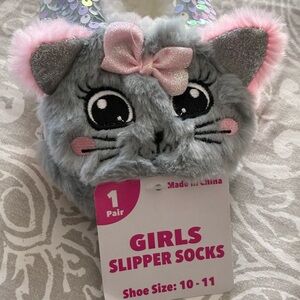 Girls Gray Kitty Slipper Socks with Pink Details